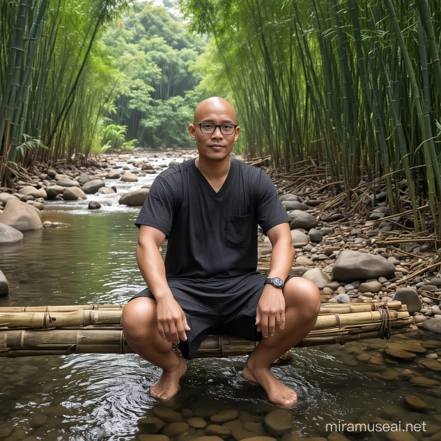 Seorang pria Indonesia umur 35 tahun, berkepala botak, memakai kacamata minus bergagang hitam sedang duduk dikelilingi hutan bambu, di bawah kakinya ada air sungai yang jernih sedang mengalir 