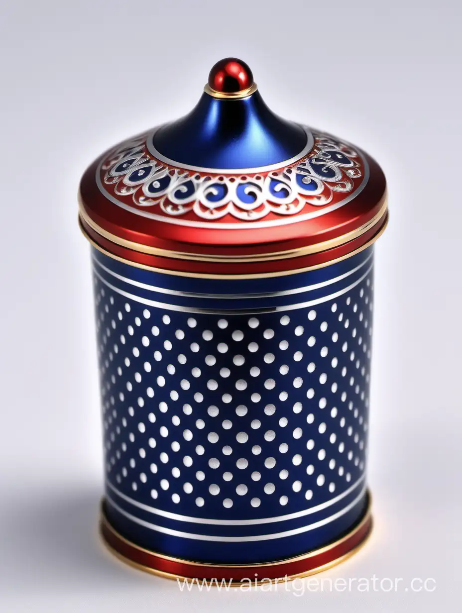 Zamac Perfume decorative ornamental long cap, SHINY DARK BLUE color with matt RED WHITE border line with dots in middle arabesque pattern shaped | metallizing finish