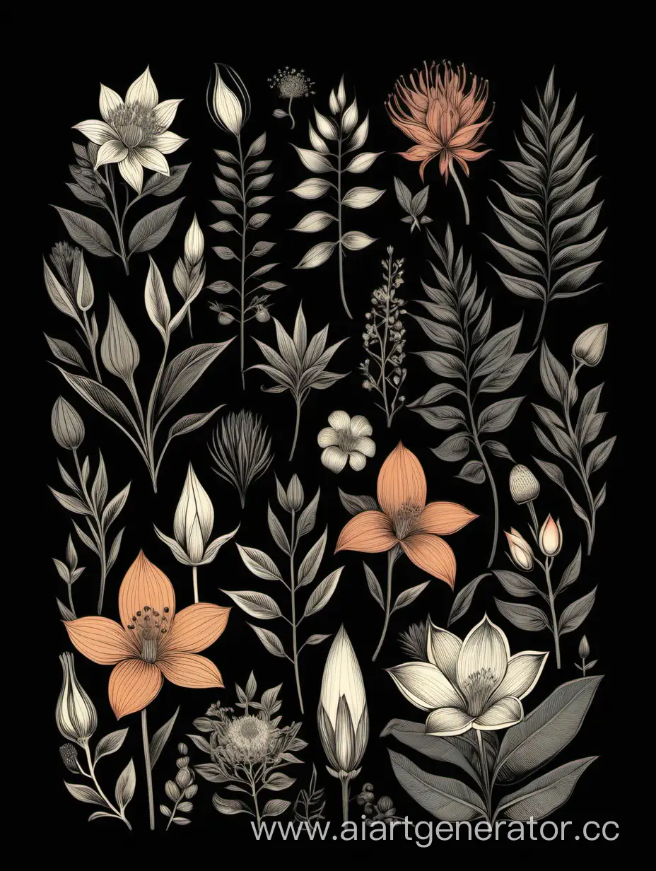 "Botanical Beauty" featuring a collection of intricate botanical illustrations in a modern layout, in the t-shirt design, black background 