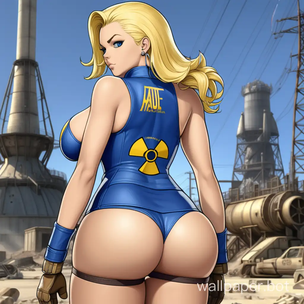 Young curvy woman wearing a blue and yellow colored revealing corset and a thong panty. She has giant boobs. Her body is athletic, slender with curves. Her hair is platinum-blonde. Her breasts are round. Her eyes are blue. Background is nuclear fallout America. She is standing far away. Fallout game style with some nuclear or radiation item. Vault-Tec logo visible on her clothes. She is looking over her back to the viewer. Her ass is big and round. You can see her thong. --ar 16:9