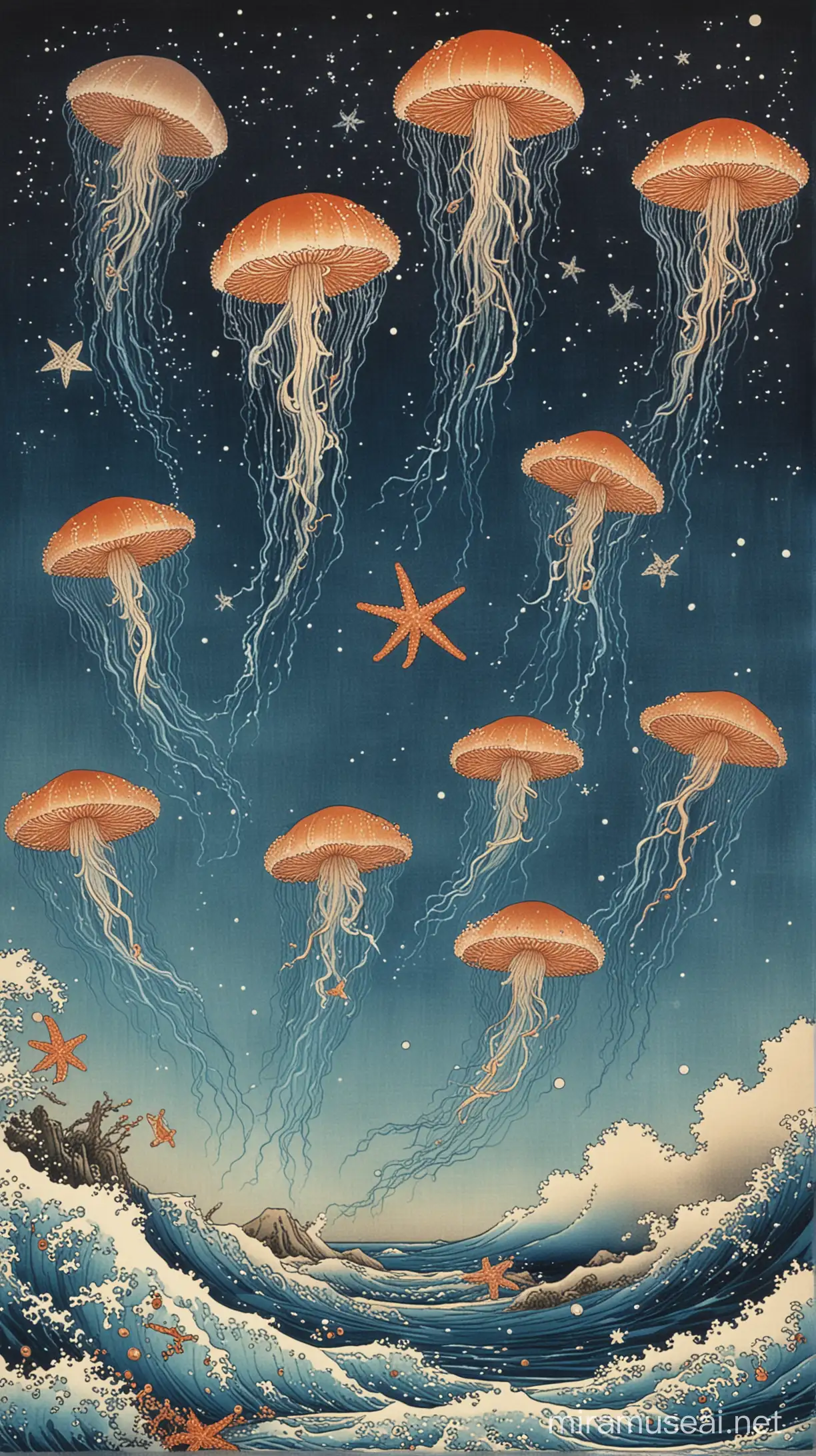 A number of jellyfish and starfish flying in the sky. Hokusai