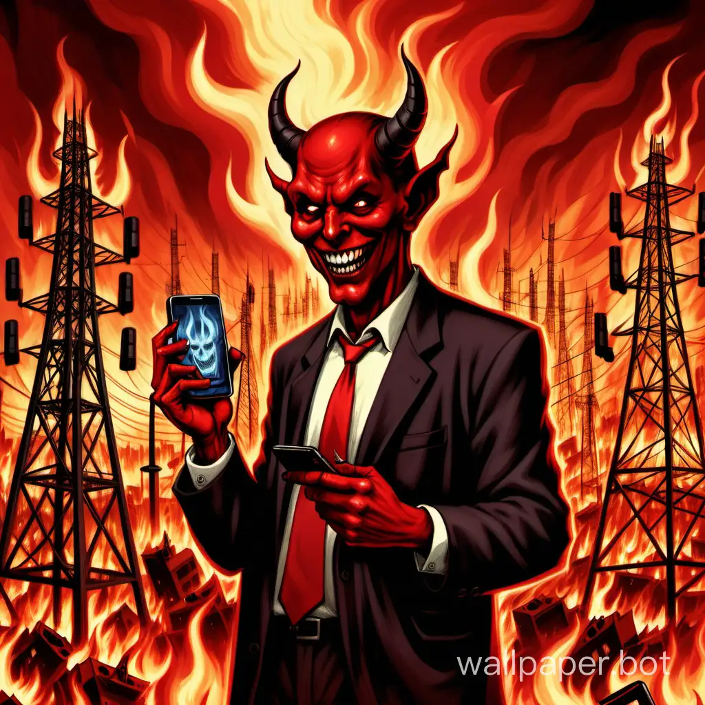 The devil smiling and holding a cellphone in front of the hell fire in which burn celltowers full of antennas.