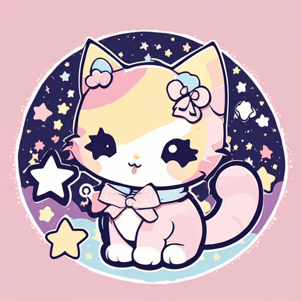 STYLE: flat vector illustration | SUBJECT: cute kitten | AESTHETIC: yume kawaii, bold outlines | COLOR PALLETTE: pastels | IN THE STYLE OF:  sanrio, little twin stars — niji 5 — s 50
