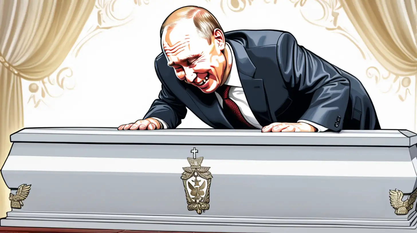 putin looking down at a coffin while laughing comic style