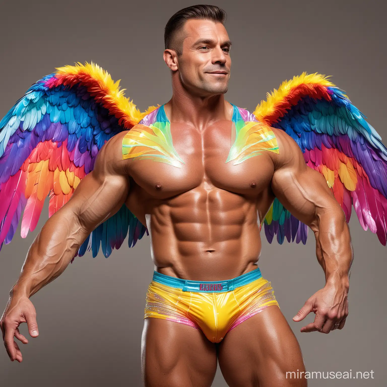 Ultra Beefy IFBB Bodybuilder Flexing in Bright Rainbow Coloured Eagle Wings Jacket