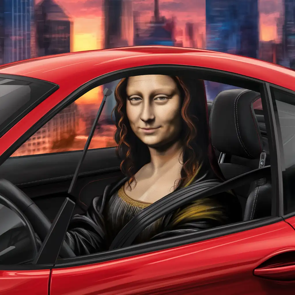 "monalisa" driving a car full picture