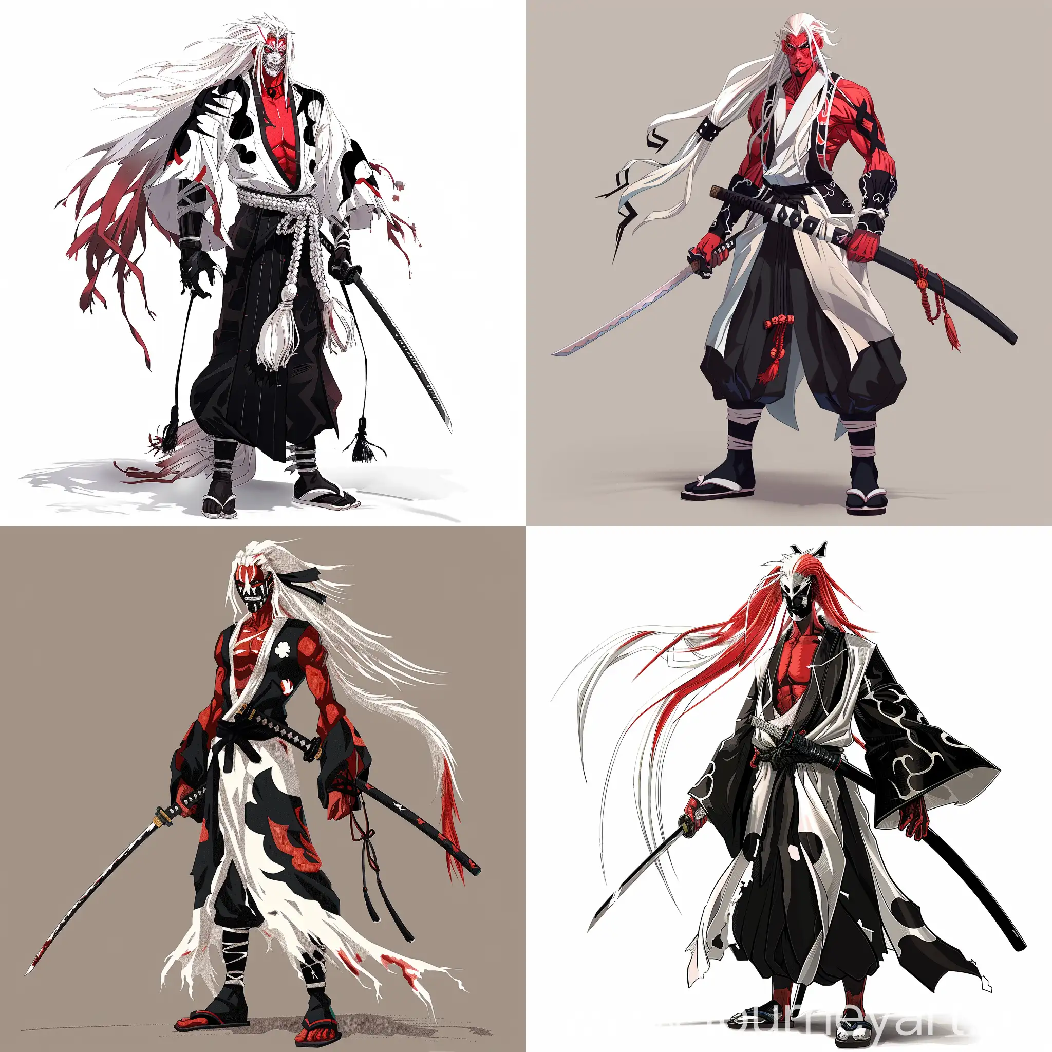 Create a 64 bit pixel detailed character art featuring a man with red skin, long white hair, Black shoes, bleach style black and white costume and a katana in hand 