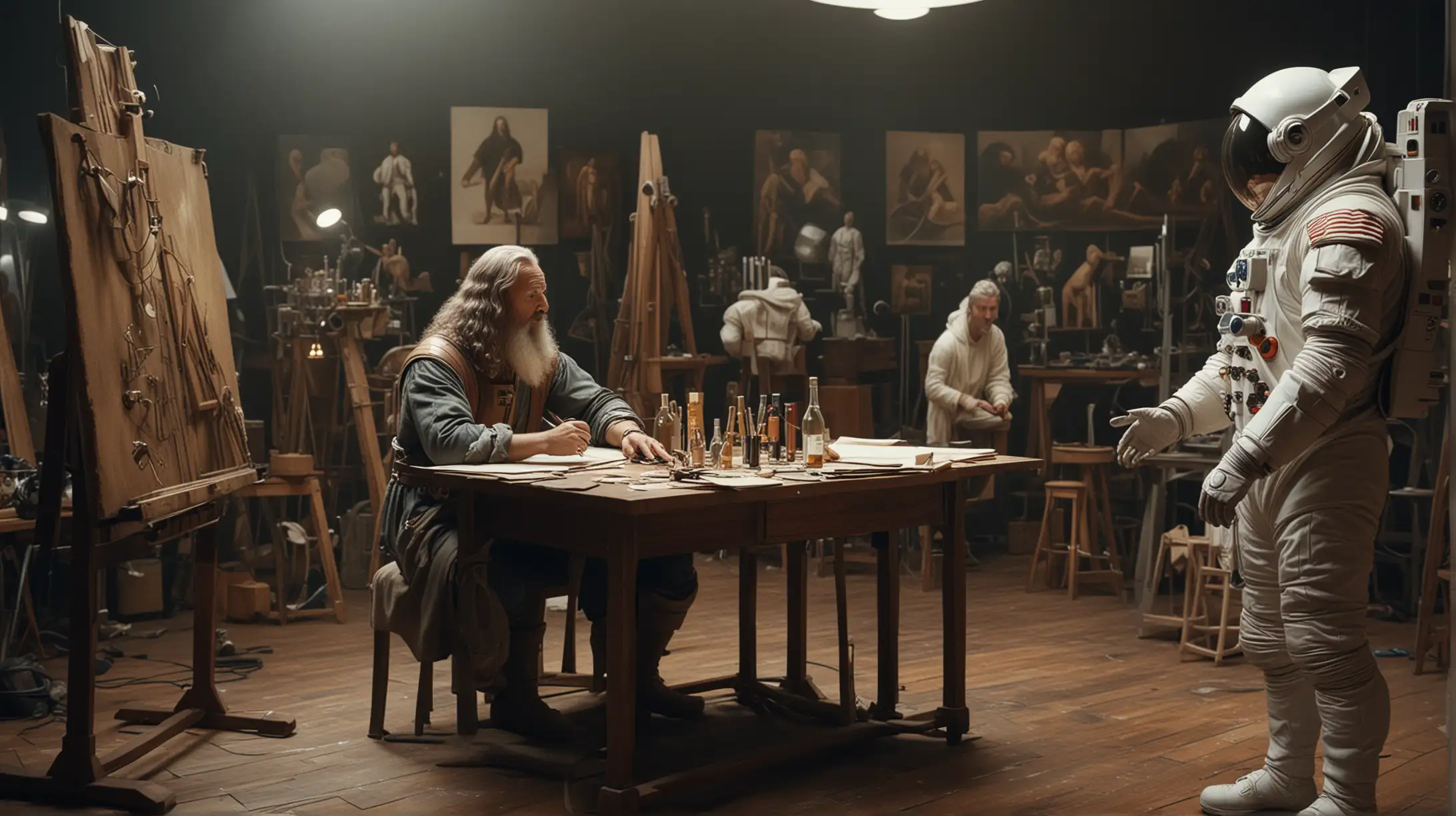 Create a scene featuring Leonardo da Vinci conversing with a modern astronaut in his studio.  Cinematic 