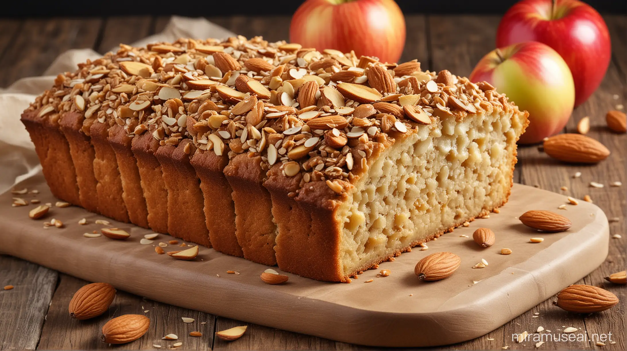 Almond crusted apple bread, real and original hd image, make detailed and professional, make background bright and professional, make close and more realistic image, make more realistic like shoot image by phone's camera, give look like home made recipe not like restaurant