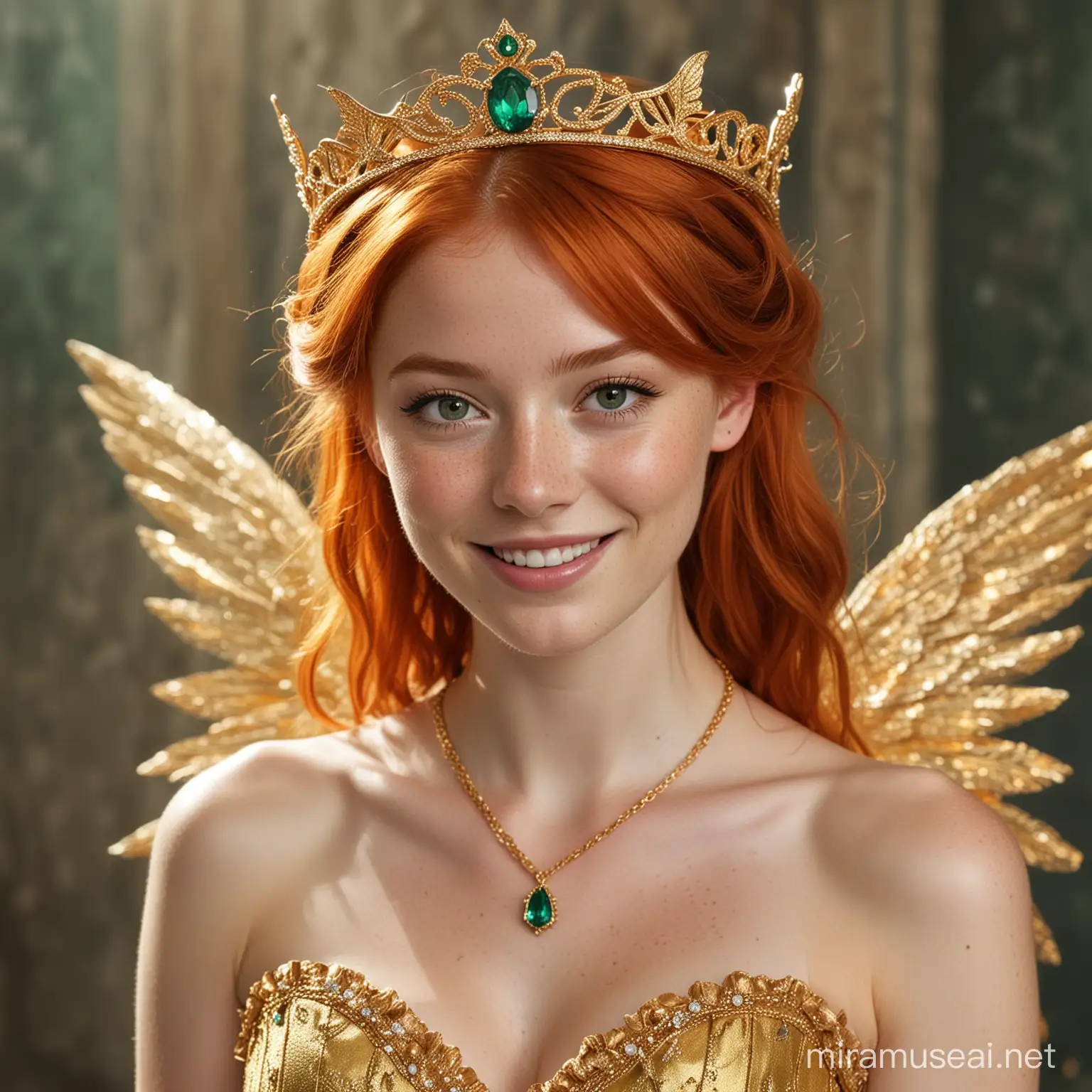 A young fairy woman with flaming red hair, freckles, fair skin, symmetrical face, fair golden wings, gold necklace with an emerald, golden short cocktail frill dress, cheery smile, gold tiara, simply gorgeous and cute