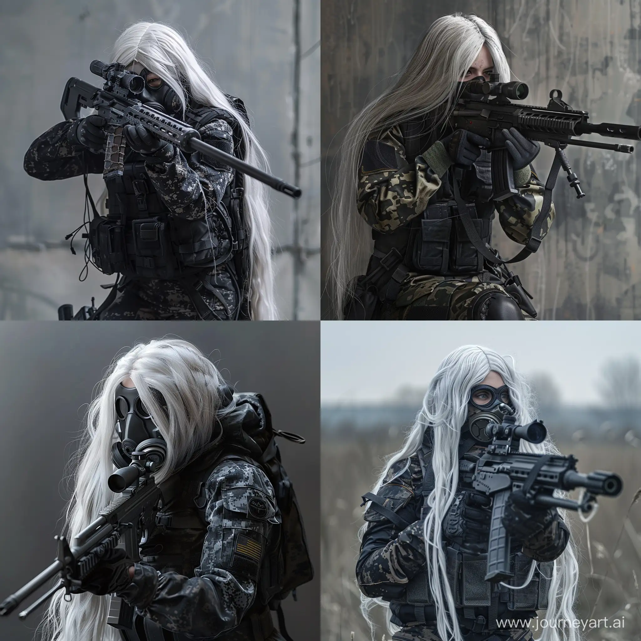  S.T.A.L.K.E.R. Duty, Long White Hair, Female, Sniper Rifle, Black Camouflage Gear, Respirator