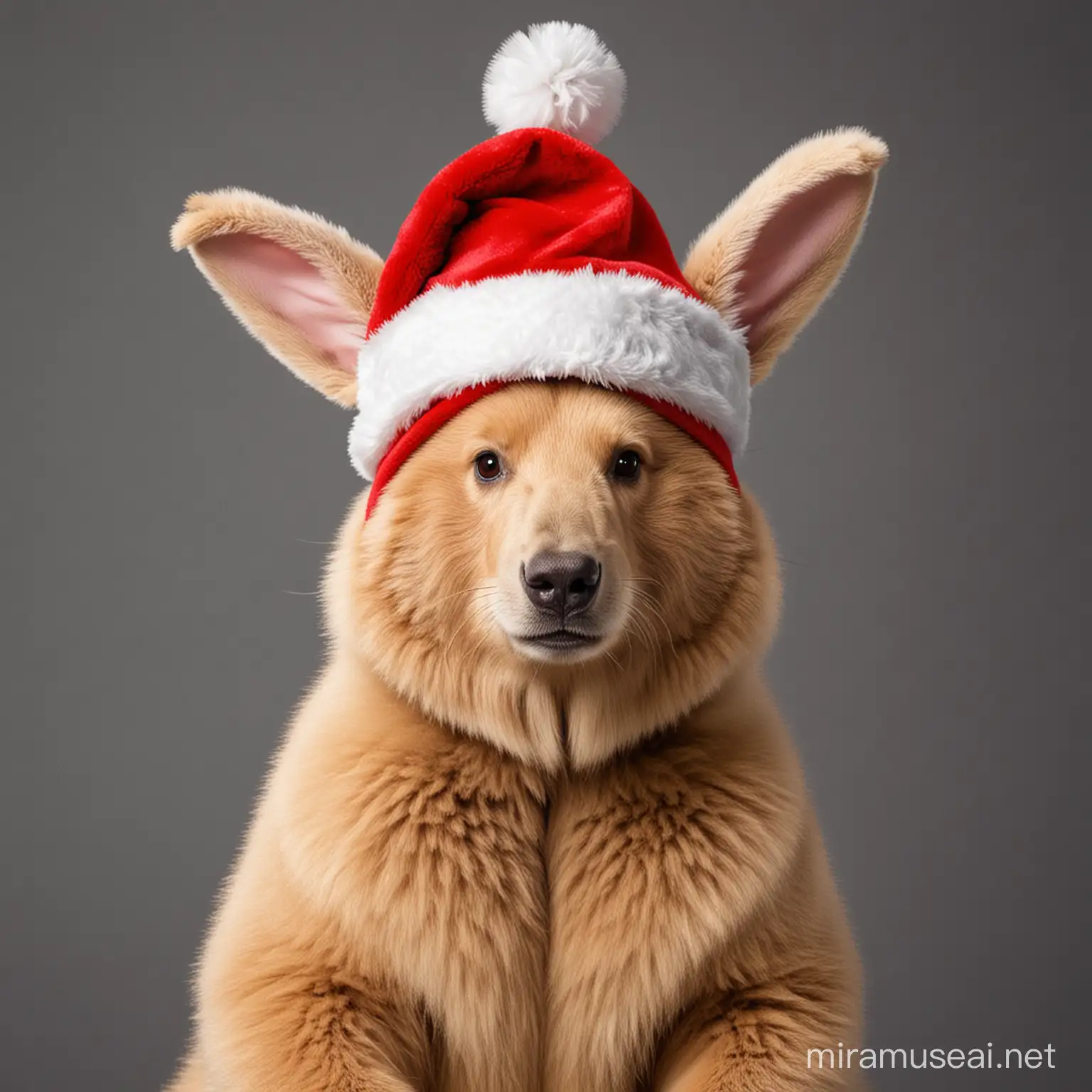 urso com chapéu de Natal e orelhas de coelho