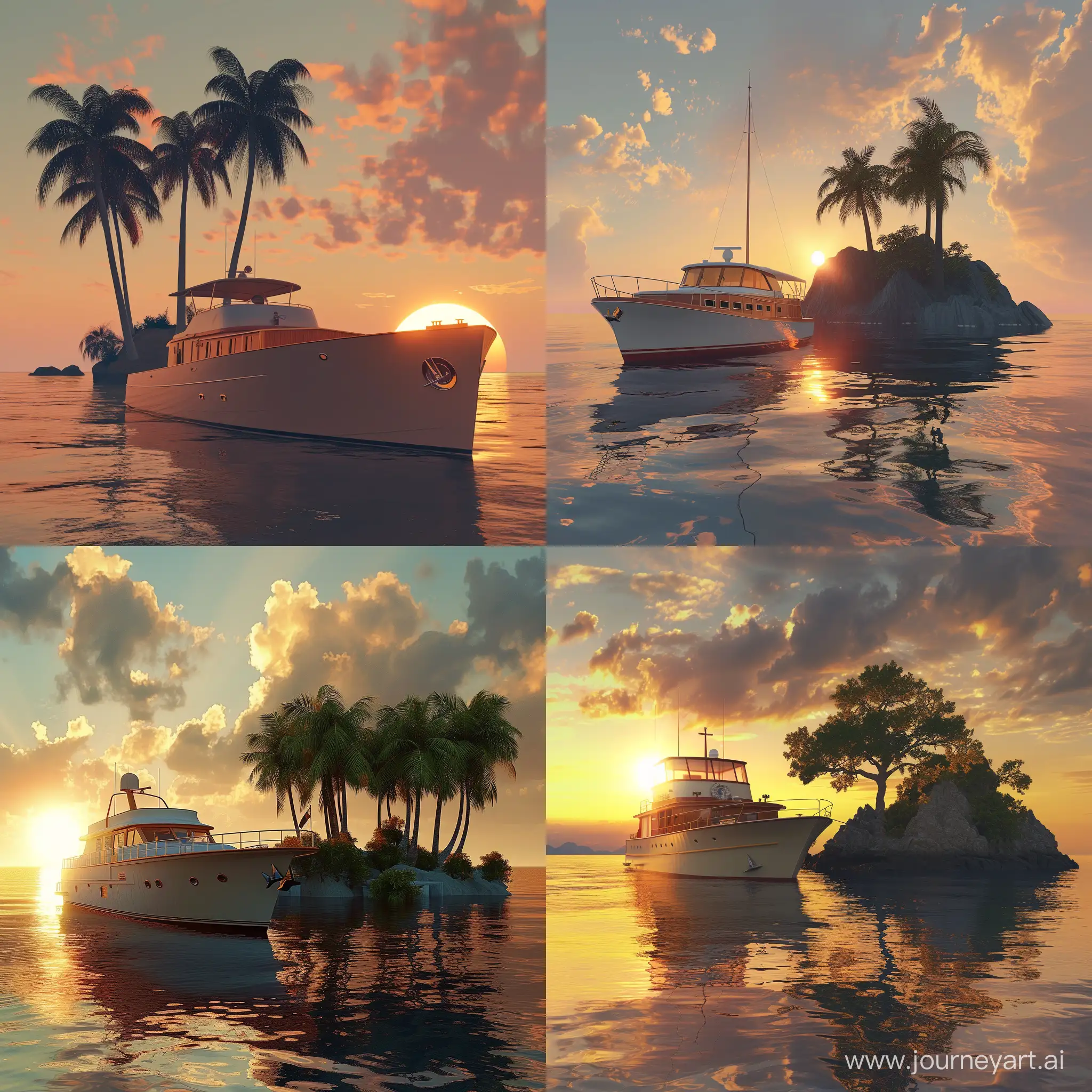 Ultra realistic 1950s yacht by an island with a sunset