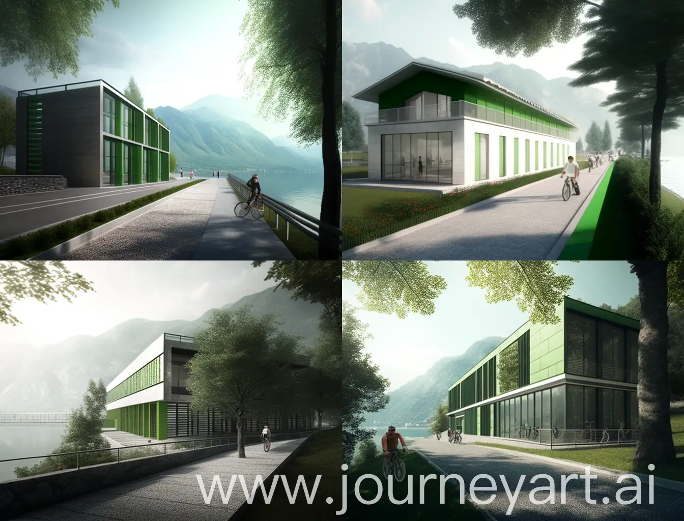 an exterior perspective render, render from a 3-floor rectangular sports complex building with 3 shades of green polycarbonate facade with all the windows at the center row completely at the middle of the building, near Lake Como in Lecco, with mountains at the back of the building, at the front, there is the pedestrian path and next to it there is bicycle line.