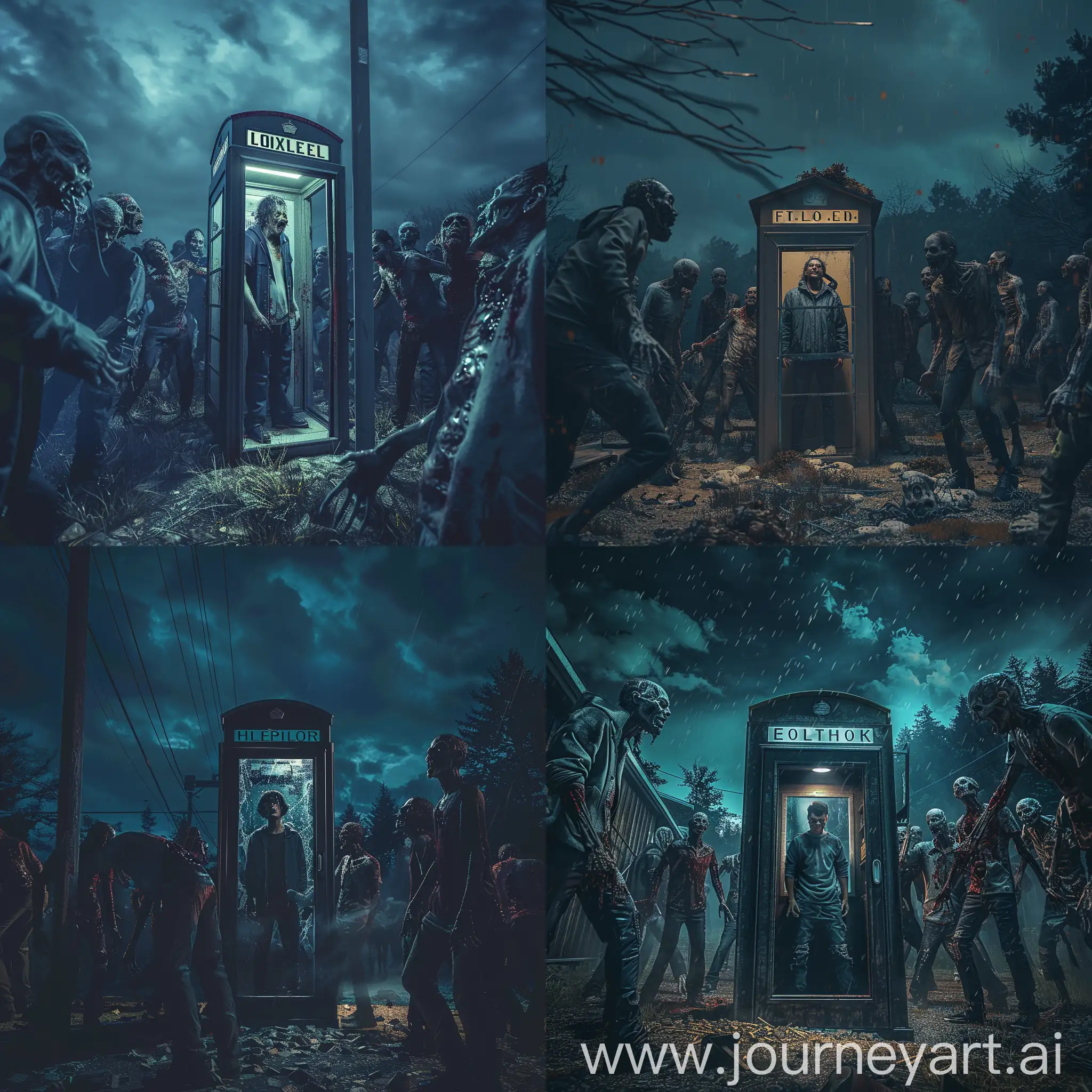 Frightened-Man-Surrounded-by-Realistic-Zombies-in-Nighttime-Telephone-Booth
