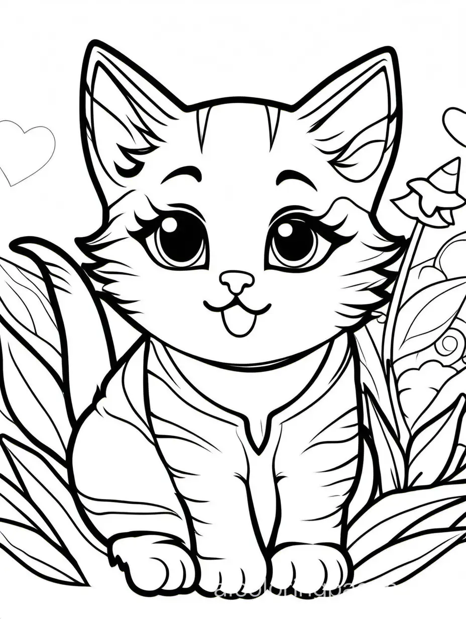 cute Kitten and his baby for kids easy, Coloring Page, black and white, line art, white background, Simplicity, Ample White Space. The background of the coloring page is plain white to make it easy for young children to color within the lines. The outlines of all the subjects are easy to distinguish, making it simple for kids to color without too much difficulty