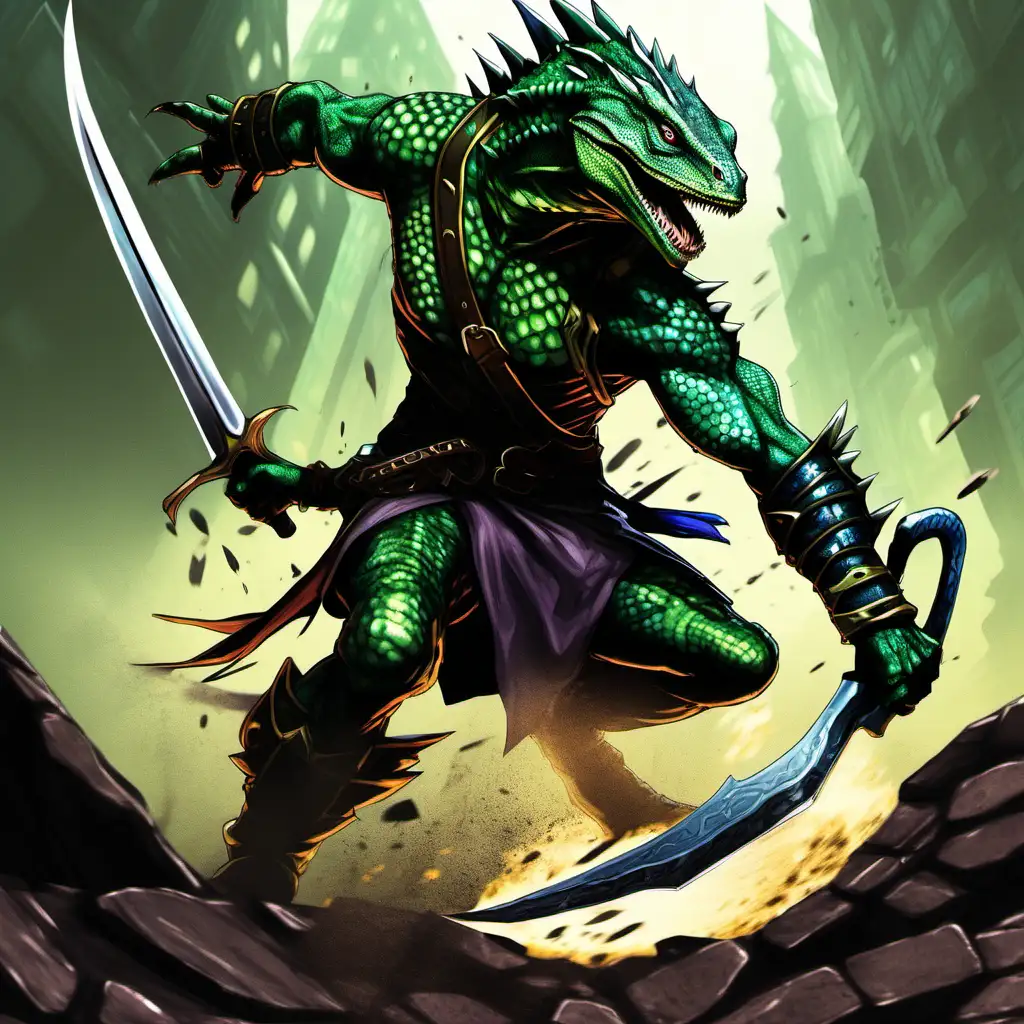 lizard man, wyvern humanoid warrior making slash attack, digital illustration, video game art, rpg game concept