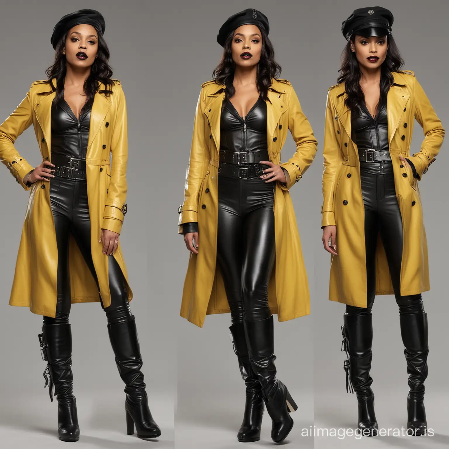 Rosario Dawson sexy ebony commander in black leather gloves, long yellow leather trench coat with buckles. and black lipstick, leather masters cap, leather bra, high heel leather boots, 