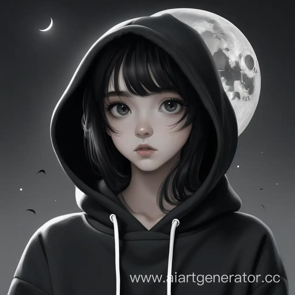 девушка с луной в черном худи с серыми глазами черными волосами