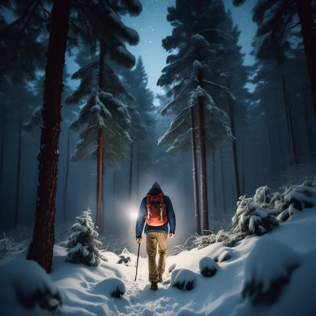 One guy with backpack and beanie walking through an enchanted forest in the night. the trees are huge and pine covered in snow. He is holding a flashlight and he is wearing hiking pants.
mountains in the horizon. 120mm f2,5


