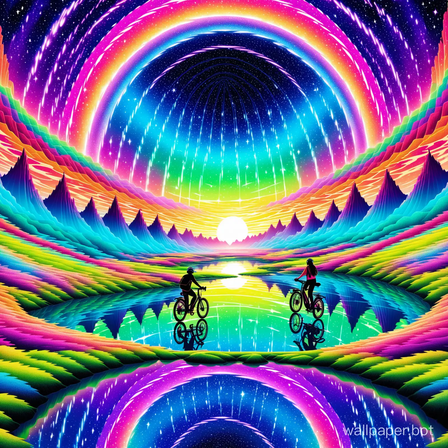 Psychedelic river of stars with a ebike  waterfall and a trippy lake in a trippy valley between crazy mirror psychedelic mountains under a giant mirror