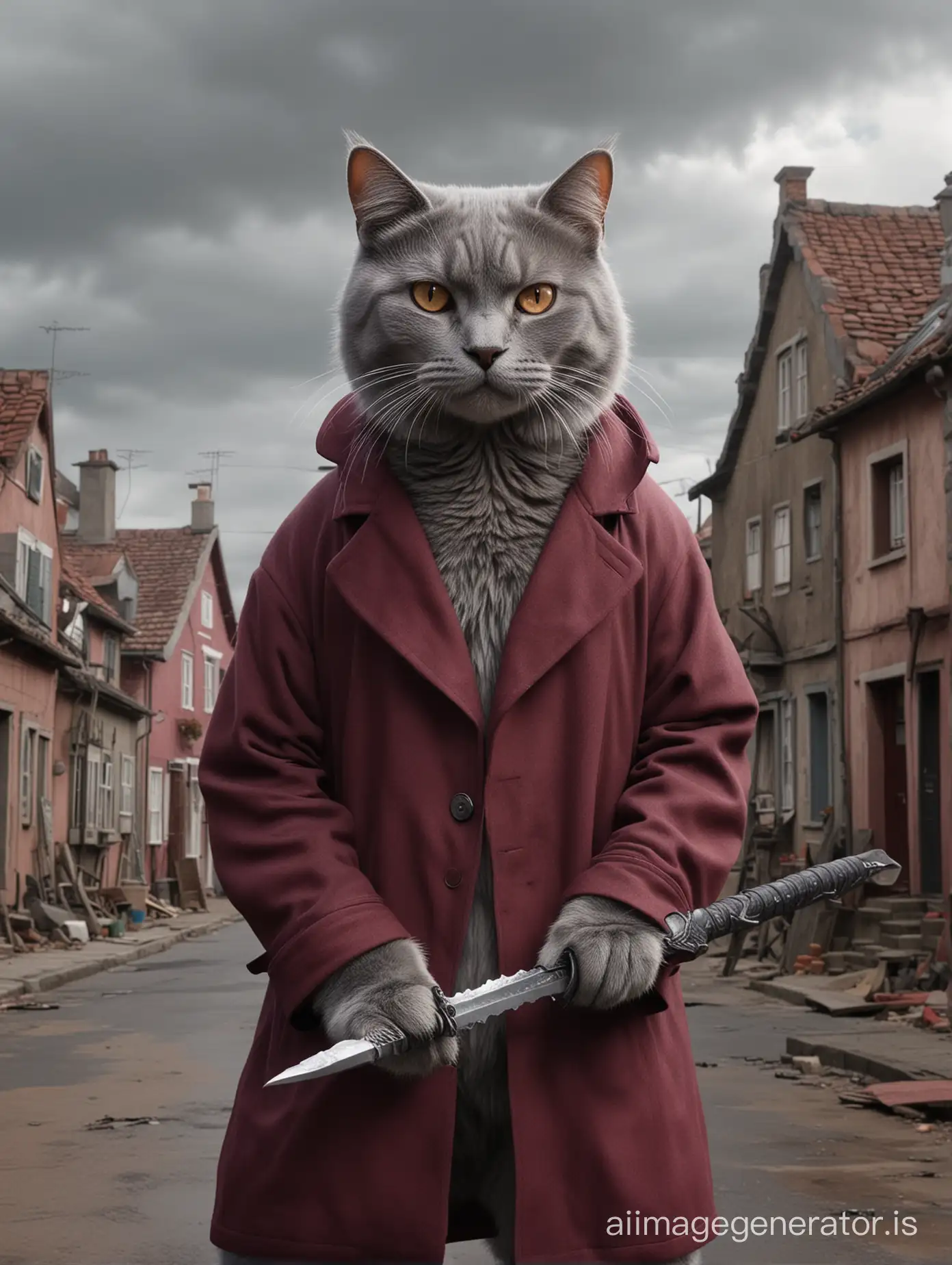 4k, realistic, HD. Giant light grey cat with grey eyes in burgundy coat with sword in hand demolish very small houses in town look like Godzilla style