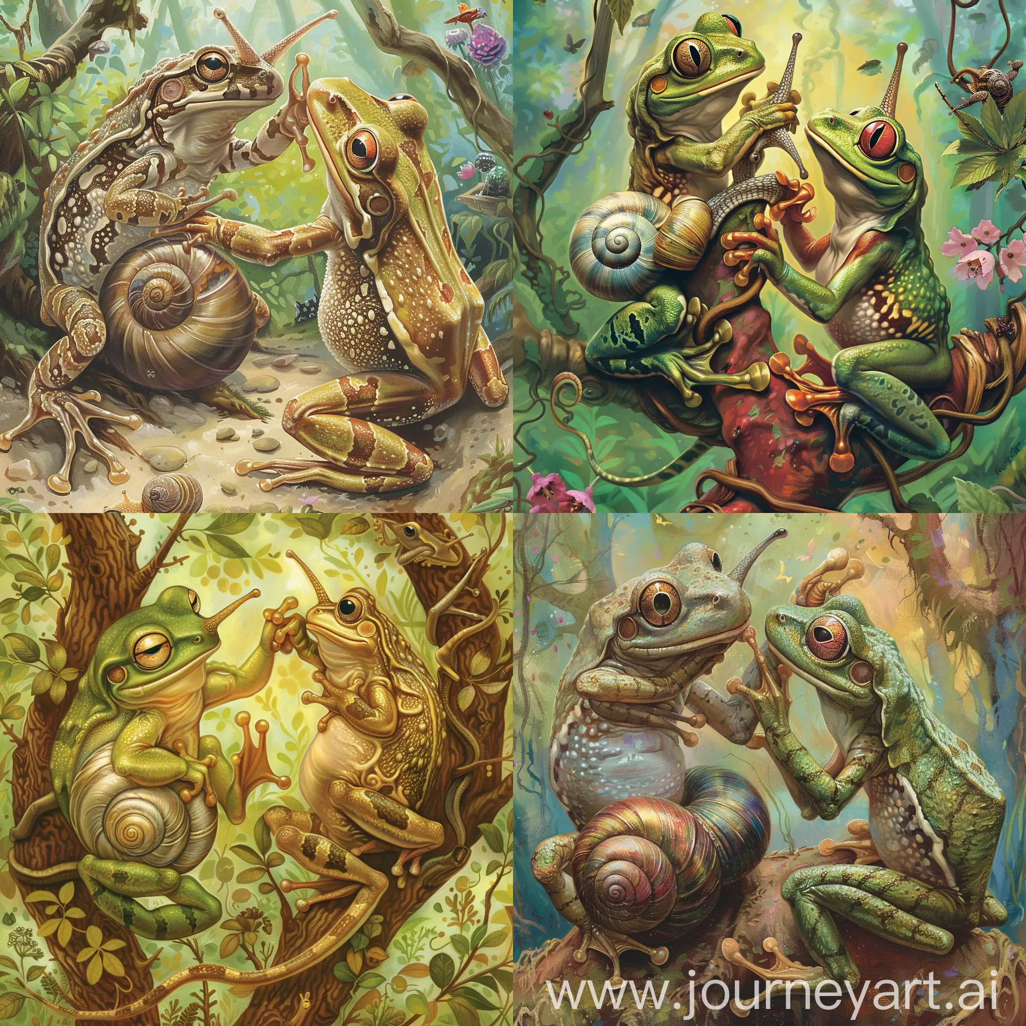 "Forest animal fairy tale style ((snail and tree frog wrestling)))(focus) design, featuring enchanting and friendly lizards, snails, mythical creatures, and whimsical characters on colorful backgrounds to capture the attention and spark the imagination of young readers.