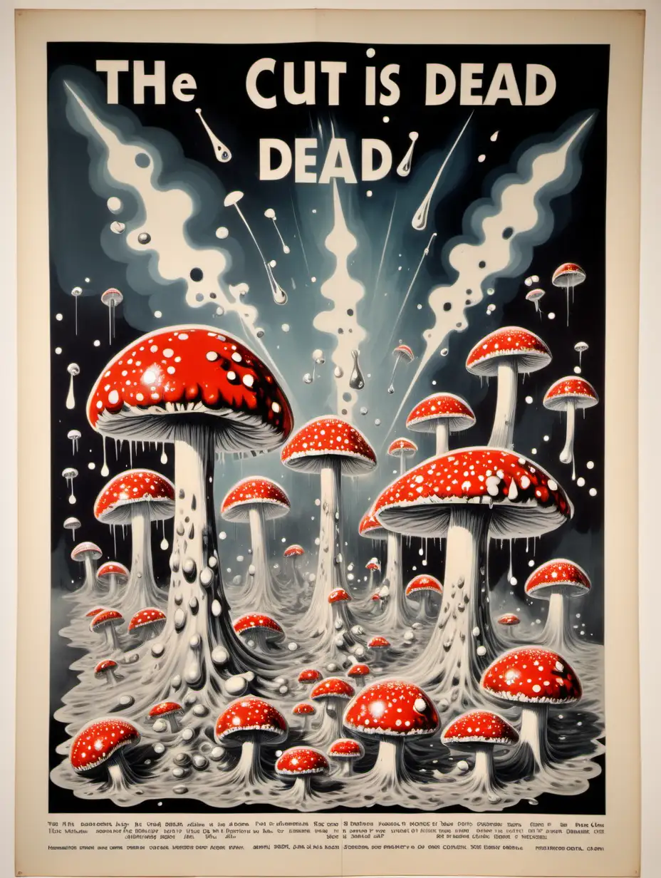 elegant hand painted protest poster, 1950 look, still life painting with mirrored objects and ticker tape and multiple mushroom atomic disease clouds, with the text "THE CULT IS DEAD", asymmetrical, dull colours, no frame, dripping wet with shiny goo