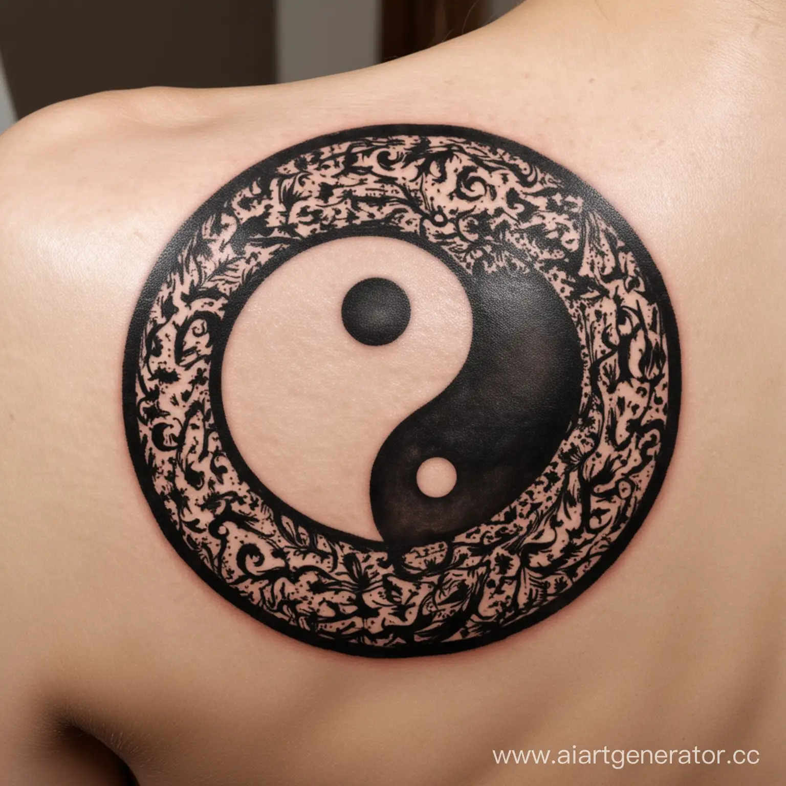 Tattoo: Yin-yang, black half peeling like skin, revealing light beneath. Triumph of good.