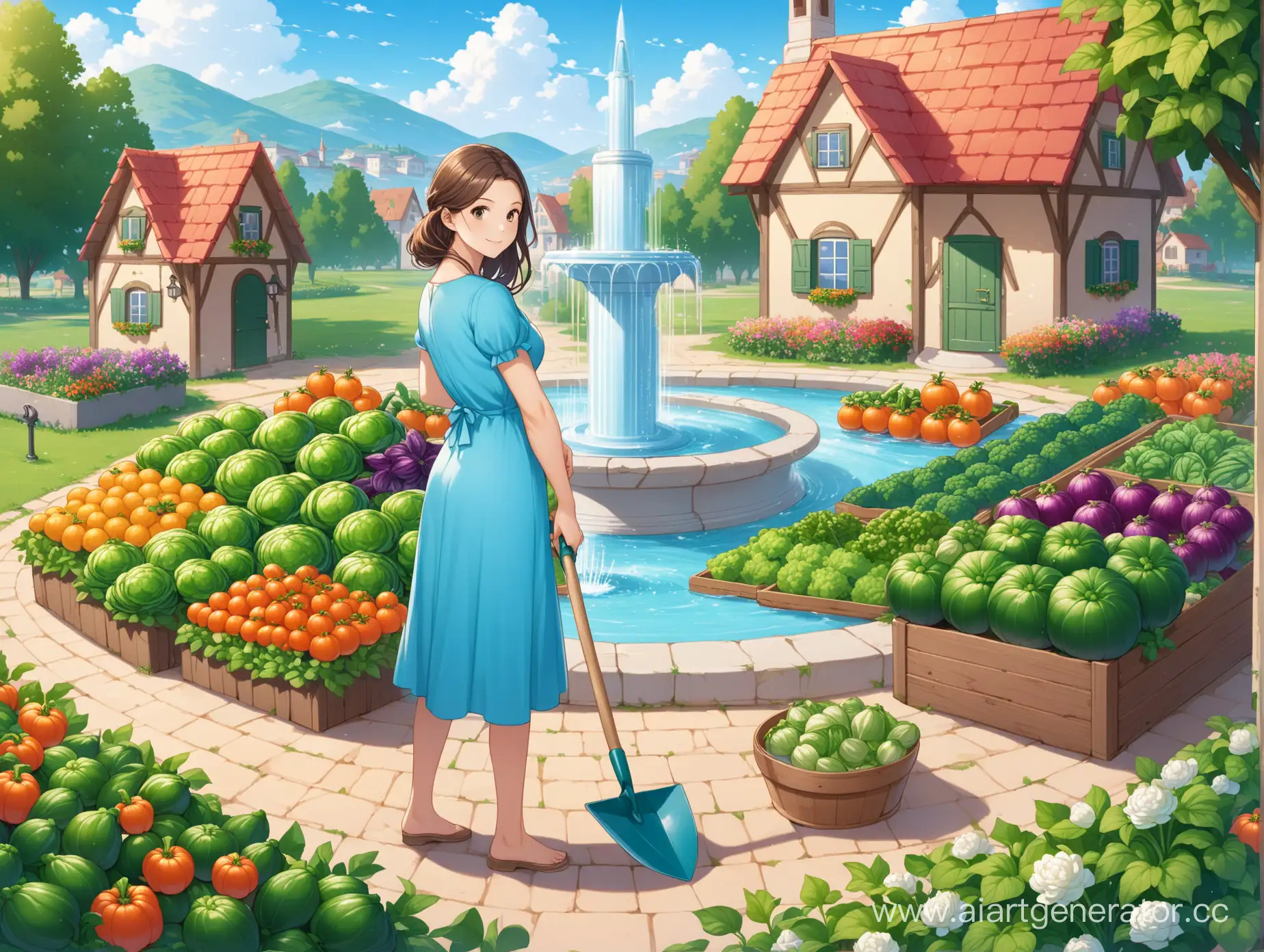 женщина в голубом платье с лопатой, вокруг овощи и цветы, фонтан и маленький домик