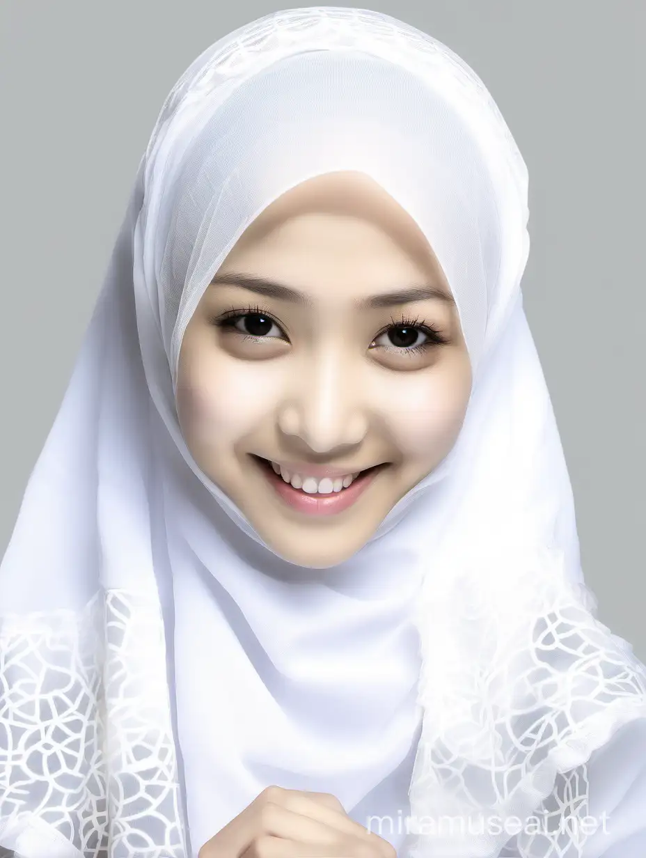 (mukena), 1 girl, japanese girl,very beautiful,white skin,20 year, smile, using a PRAYER HIJAB frilly, white background, real_life, from_front_view