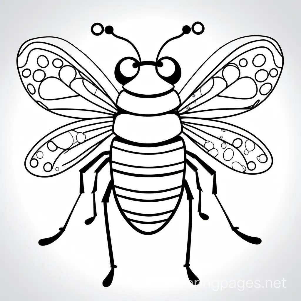 Funny bug, Coloring Page, black and white, line art, white background, Simplicity, Ample White Space. The background of the coloring page is plain white to make it easy for young children to color within the lines. The outlines of all the subjects are easy to distinguish, making it simple for kids to color without too much difficulty