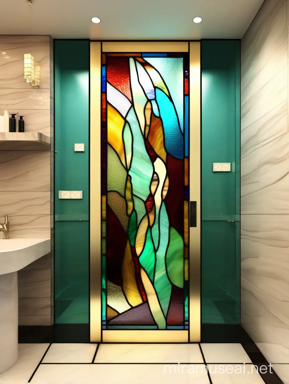 витражная дверь,
из цветного стекла тиффани, с абстрактными цветами стоит в ванной комнате