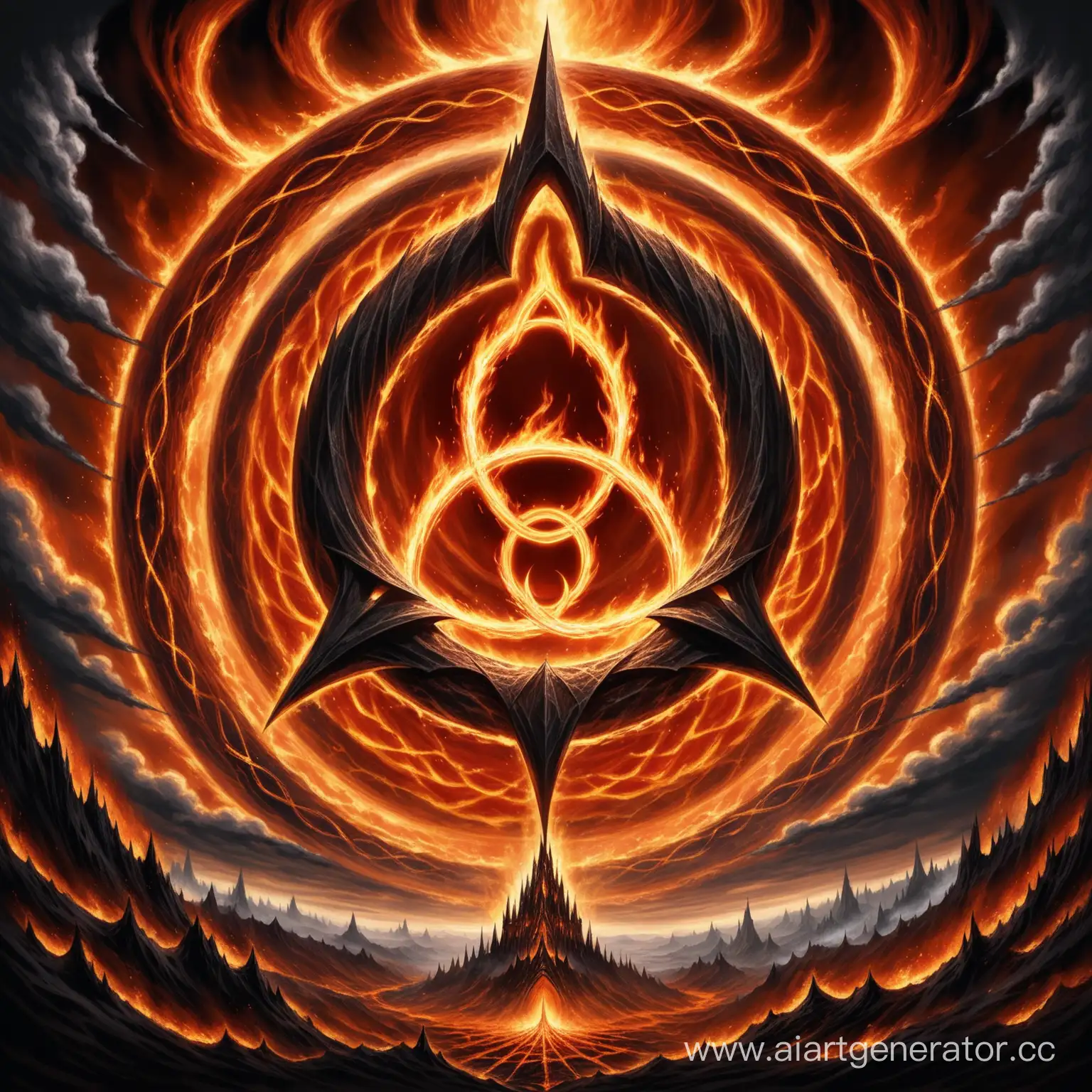 логотип: Триединство в Огне, где изображено три пламенных кольца, объединенных в одно, вокруг которых витают тени или облака тьмы, создавая атмосферу Мордора.