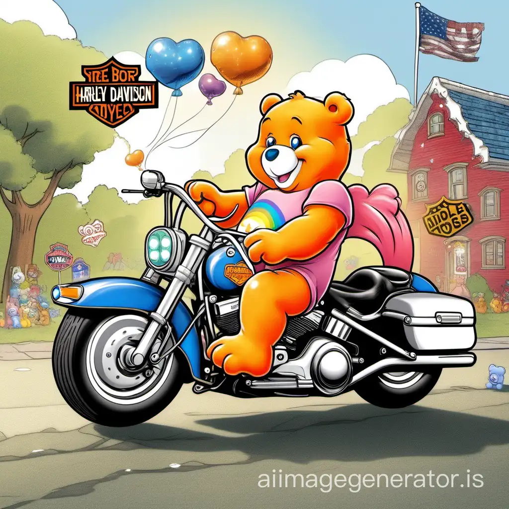 Care Bear riding a Harley davidson