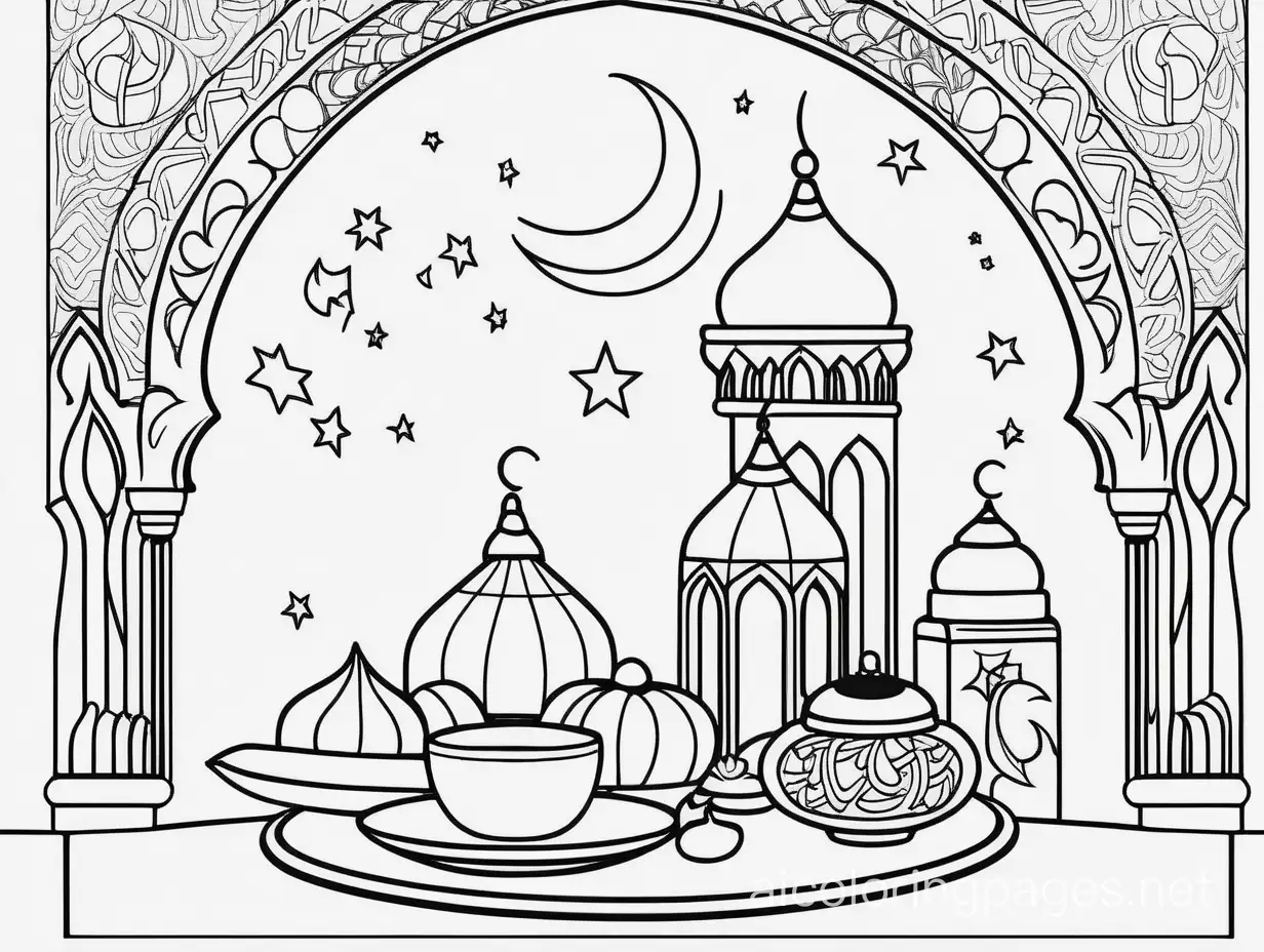 ramadan suhoor

, Coloring Page, black and white, line art, white background, Simplicity, Ample White Space. The background of the coloring page is plain white to make it easy for young children to color within the lines. The outlines of all the subjects are easy to distinguish, making it simple for kids to color without too much difficulty

