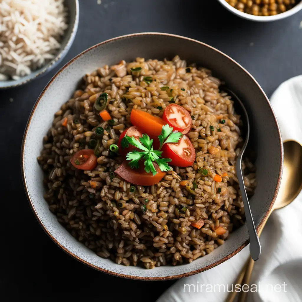 A hearty bowl of healthy brown rice and lentils which looks delicious to eat