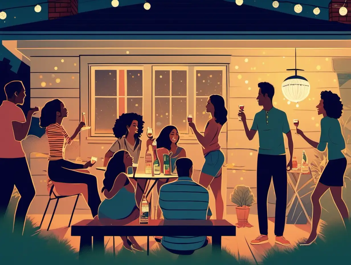 group of adults at a house party. It is evening but the scene is well lit.