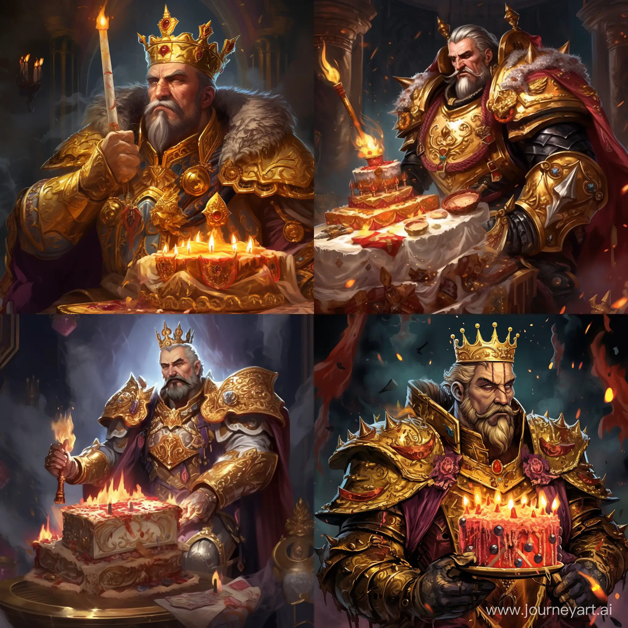 User I want a picture of the God Emperor of Warhammer, in its original chaotic art style. Make him hold a birthday cake. Also, make him blonde and have a blonde mustache. Make him glorious
