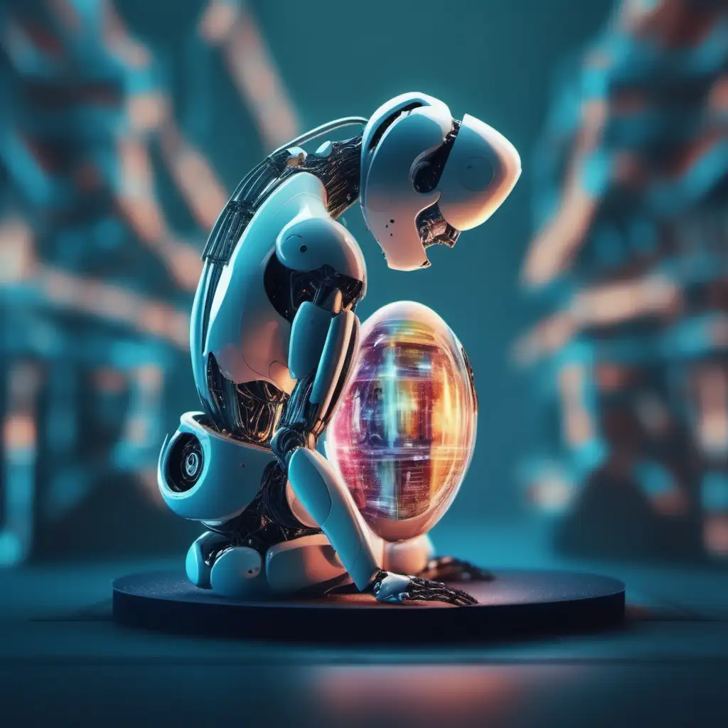 Futuristic Humanoid Robot Standing in Vibrant Retro Cityscape