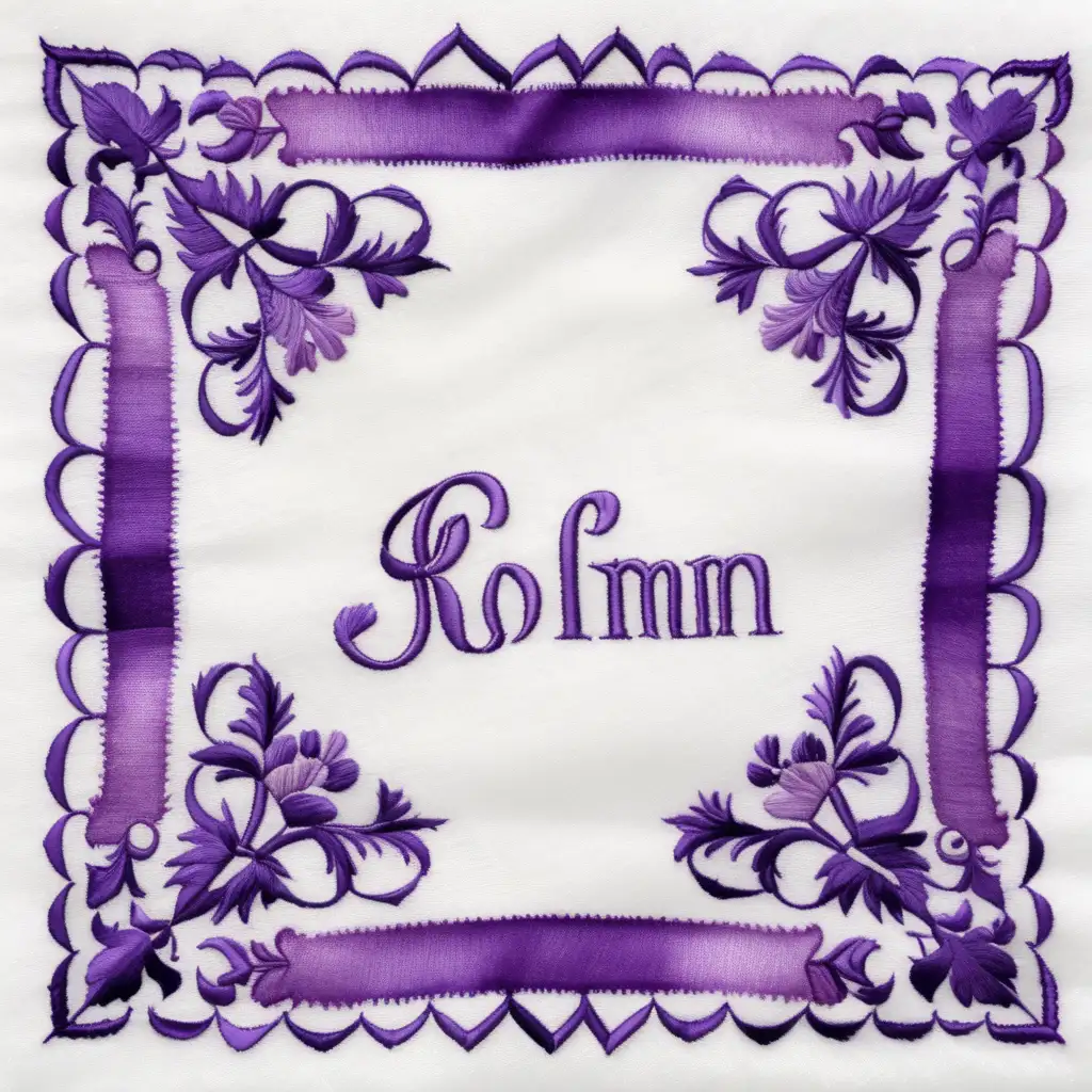 watercolor bunched medieval purple handkerchief embroidered with a name, no background