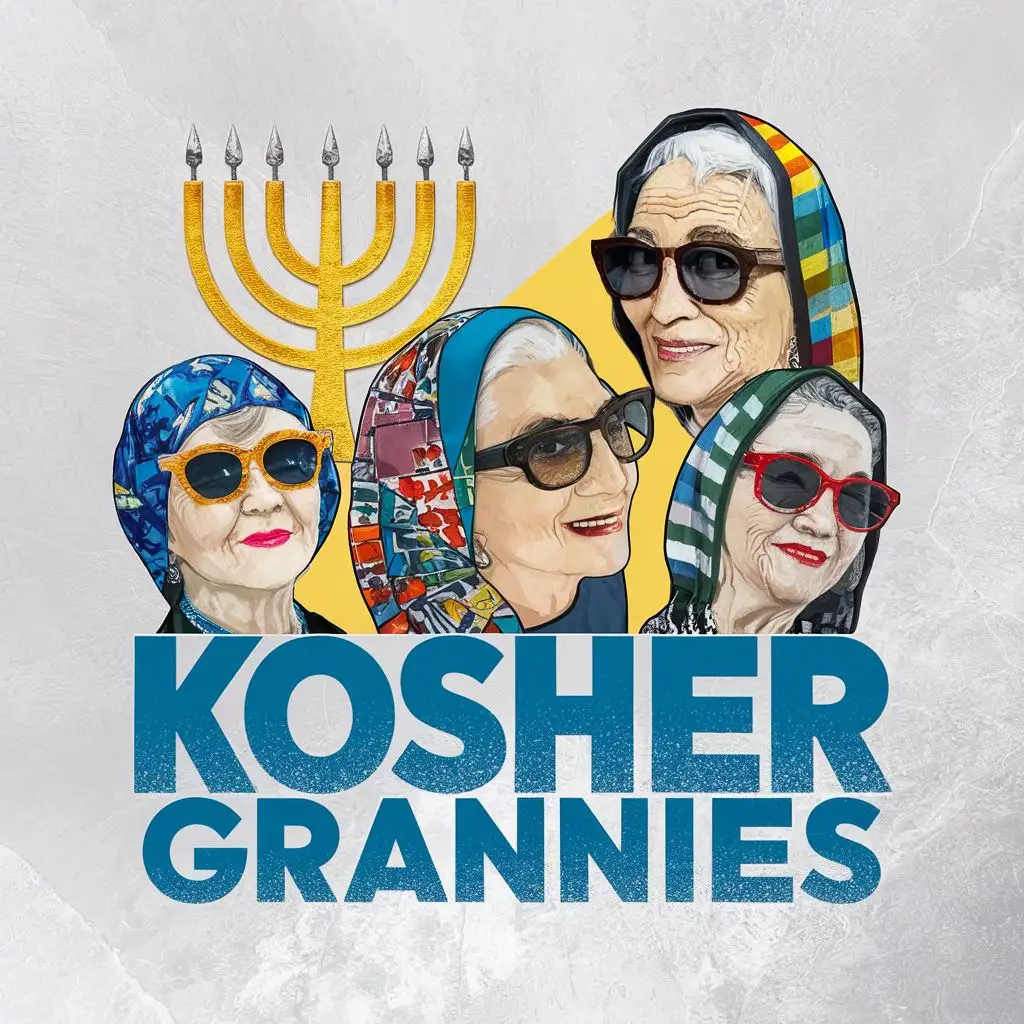 logo, Israel, yellow, blue, white, Jewish old traditional school grannies with David star sunglasses, Israeli colorful headscarves, 7 branches Menorah, Paul Klee, with the text "Kosher Grannies", typography, be used in Automotive industry