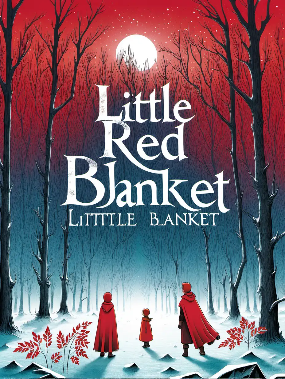 book cover: a forzen forest with the title "Little Red Blanket" in red