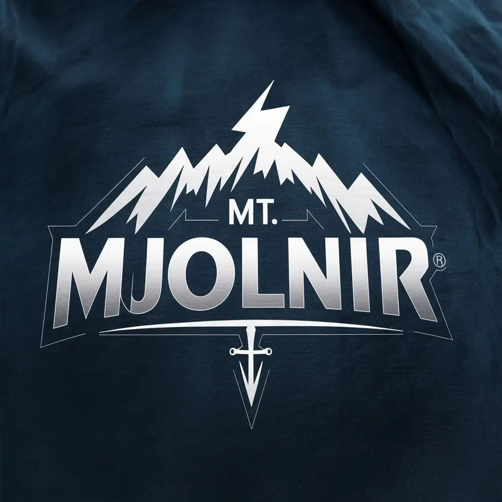 logo, mountains thunder lightning sword, with the text "MT. MJOLNIR", typography