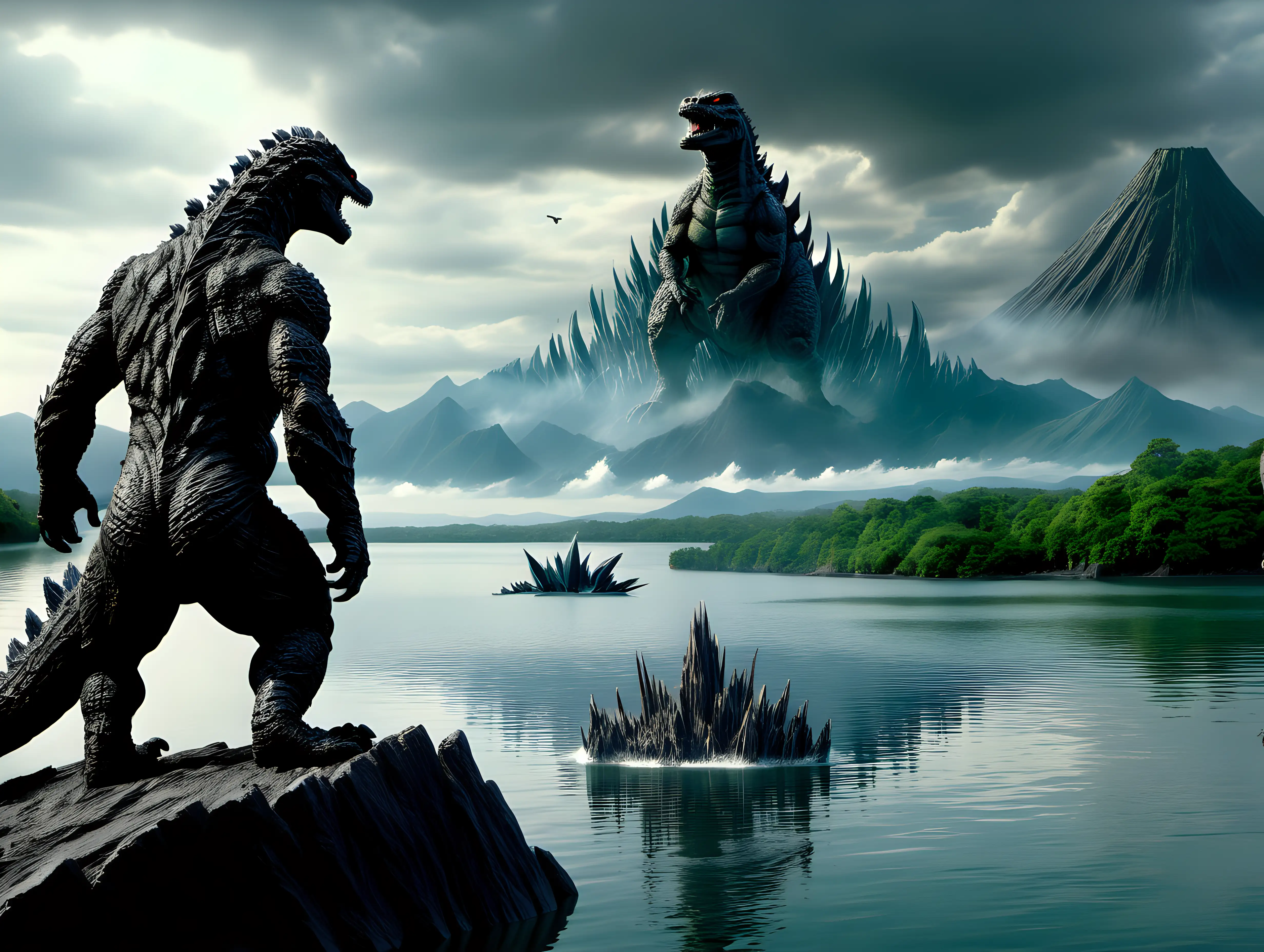 Godzill looking across a lake at an island full of dinosaurs