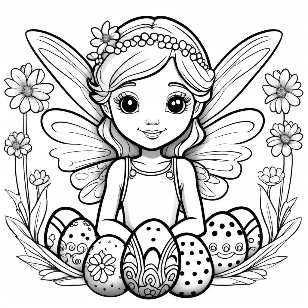 a clean simple drawing of a easter fairy, -no background, outlines, kids colouring page, black and white: 1.5, white png background, flat 2d  –no shading, gradient, colors: 1.5, saturation:1.2, colored, shadow: 1.1, 3d -- ar 9:11
