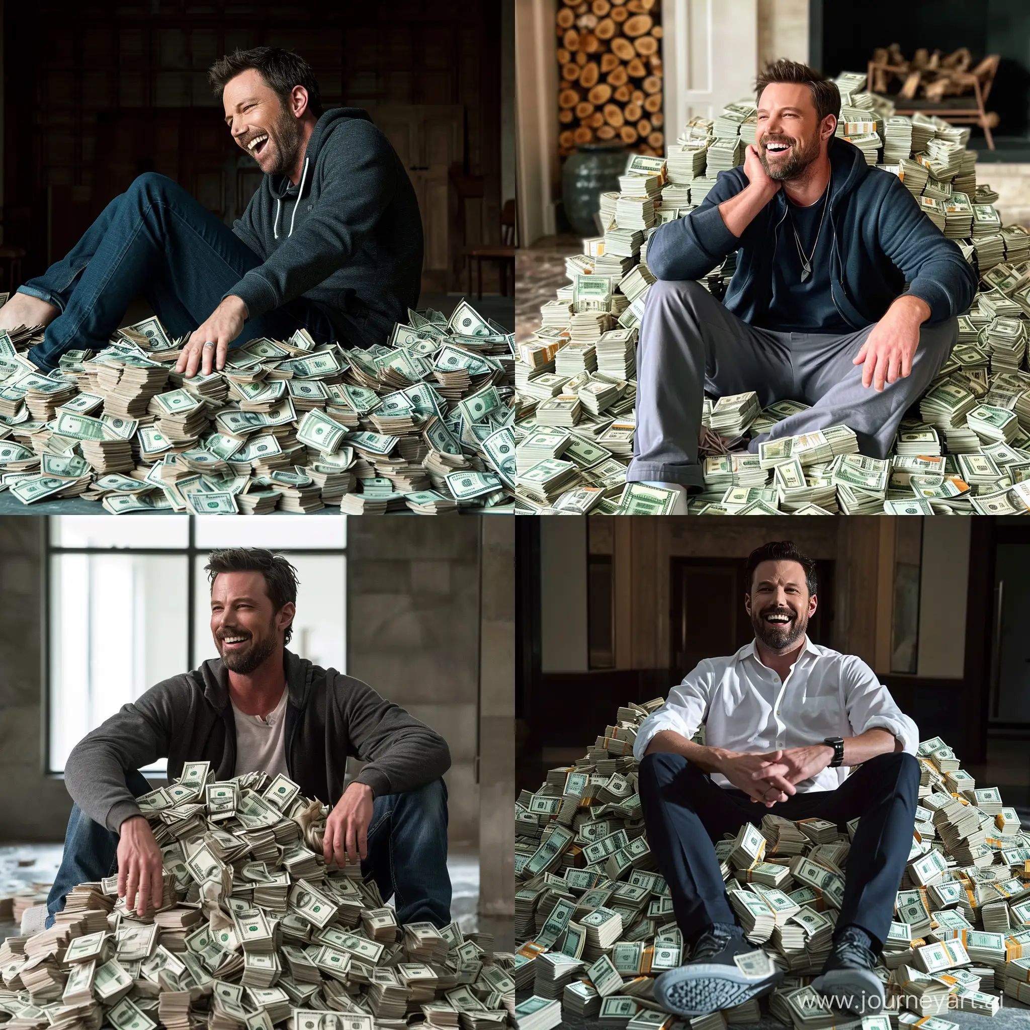 ben affleck sitting on a pile of money laughing