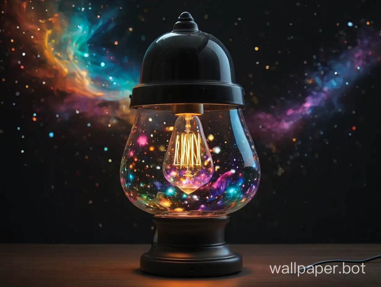 A black background and a lit lamp with several galaxies inside with many strong colors