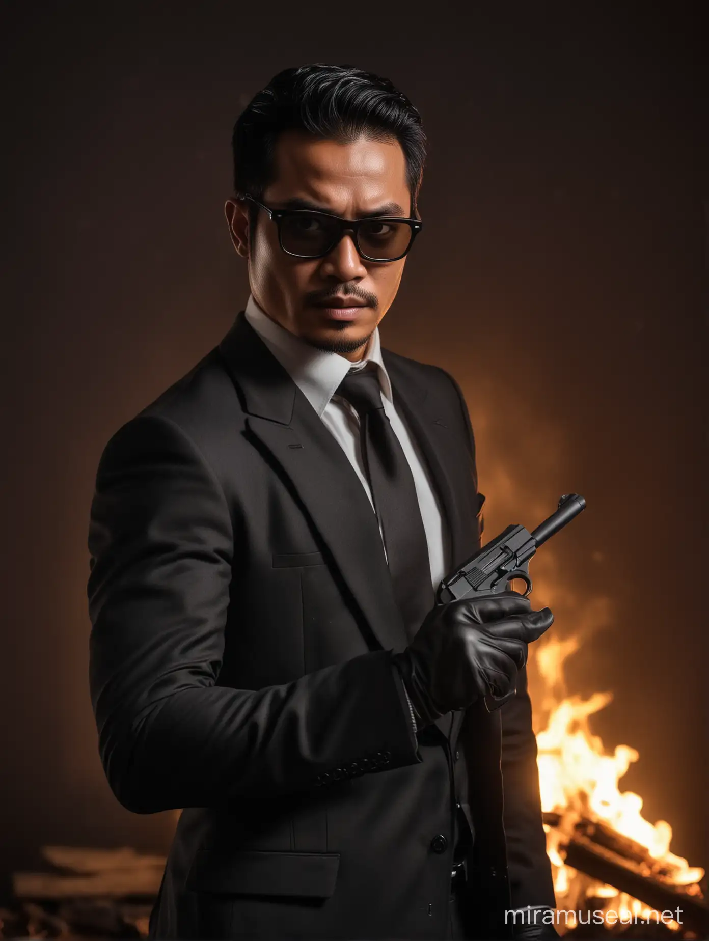 Indonesian man, 36 year old, wearing black suit as a secret agent, black glasses, black gloves, hold the gun, stand in front of fire, at midnight