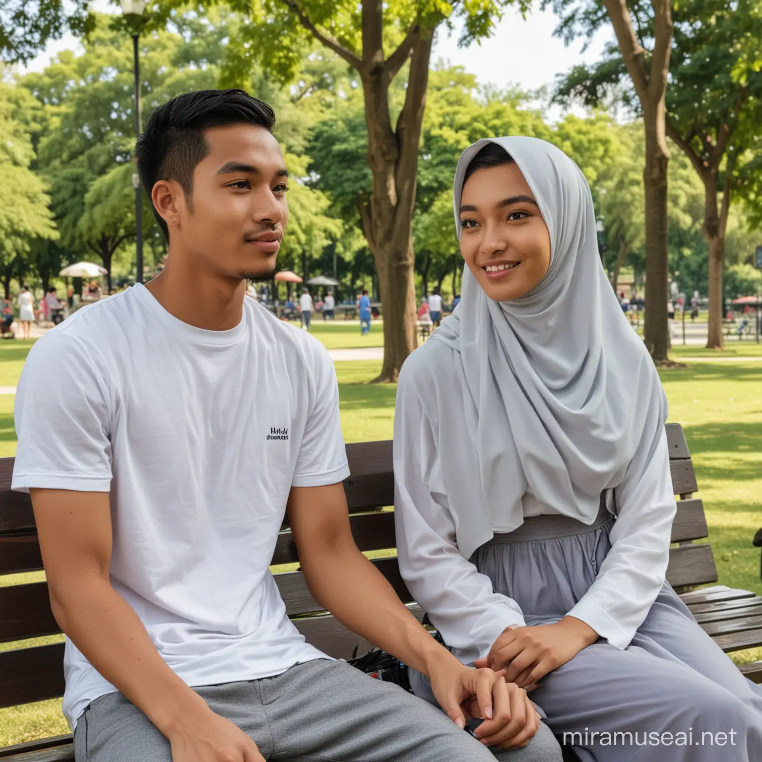 Seorang pria indonesia umur 25 tahun,rambut pendek,baju kaos putih sedang duduk di kursi taman bersama seorang wanita berjilbab,baju muslim panjang,lokasi sebuah taman 